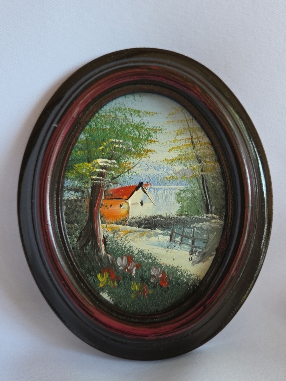 Framed Miniature Oval Oil Painting Unsigned House Lake Water Trees  4.5"x4"